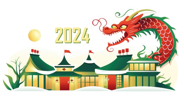 Een minimale eenvoudige illustratie met huis en draak als symbool van het Chinese Nieuwjaar geïsoleerd op een witte achtergrond Gelukkige feestconcept Banner