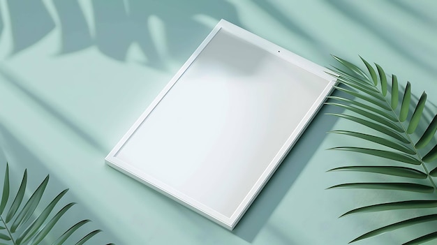 Een minimale product showcase scène met een witte frame mockup en tropische palmbladeren op een groene achtergrond