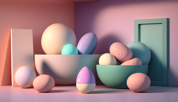 Een minimalistisch 3D-model van een paasmandje met een paar versierde eieren