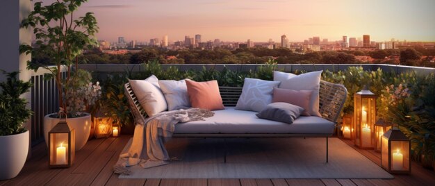 Een minimalistisch balkon met gezellig tuinmeubilair Generative AI