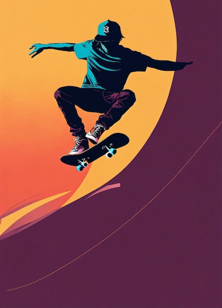 Een minimalistisch grafisch ontwerp van een skateboarder in de lucht met behulp van schone lijnen en negatieve ruimte om