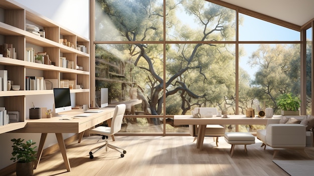 Een minimalistisch kantoor met schone lijnen en neutrale kleuren