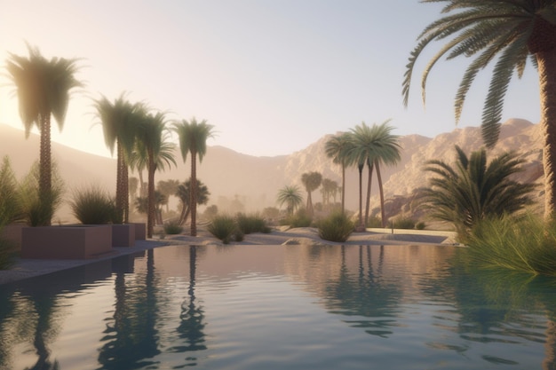 Een minimalistisch landschap met een schilderachtige woestijnoase of palmgaard