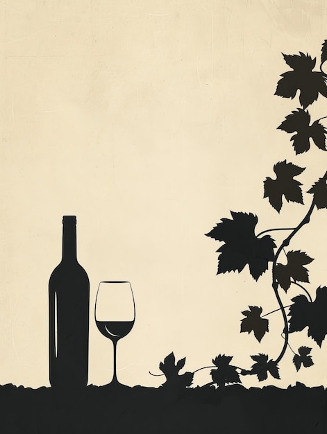 Een minimalistisch ontwerp dat zich richt op het silhouet van een wijnfles en glas met een subtiele achtergrond van wijnbladeren die de nadruk legt op eenvoud en elegantie ar 34 Job ID 1ac54e104ec04c84ae89e35301663cf2