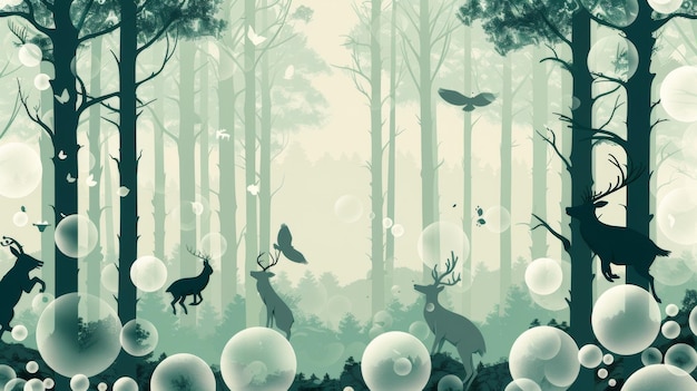 Een minimalistisch ontwerp van een bubbelfoliebos met verschillende dieren die op de bubbels springen