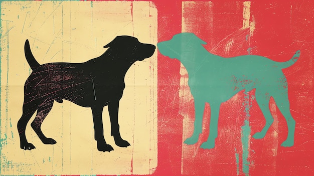 Foto een minimalistisch schilderij van twee tegenover elkaar staande honden, een zwarte en een blauwe op een beige en rode achtergrond met een ruwe grunge textuur