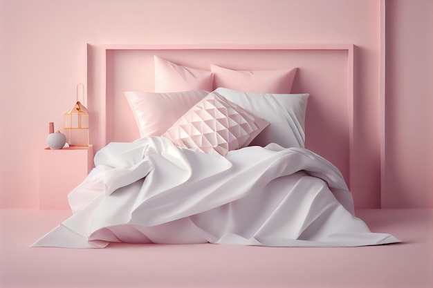 Een minimalistisch slaapkamerbed met comfortabele kussens van wit, schoon linnengoed en dekbed op een roze delicate muurachtergrond een kopieerplek Generative AI