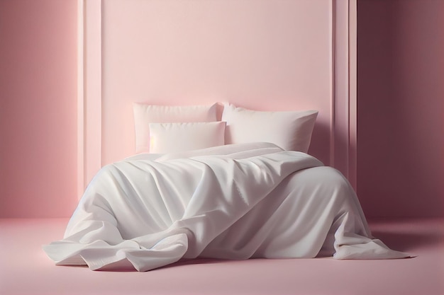 Een minimalistisch slaapkamerbed met comfortabele kussens van wit, schoon linnengoed en dekbed op een roze delicate muurachtergrond een kopieerplek Generative AI