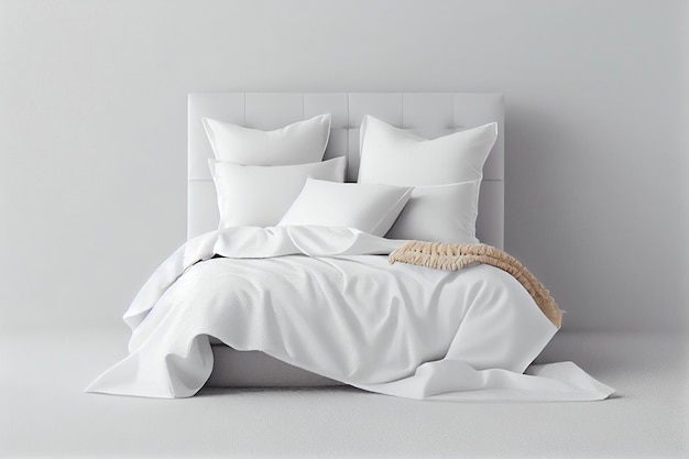 Een minimalistisch slaapkamerbed met comfortabele kussens van wit, schoon linnengoed en een deken op een kopieerplek Generative AI