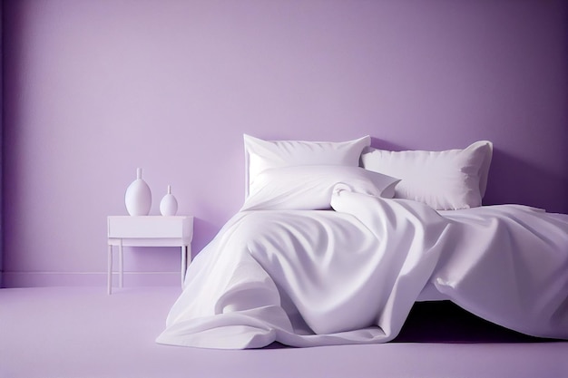 Een minimalistisch slaapkamerbed met wit, schoon linnengoed, comfortabele kussens en dekbed op een paarse, delicate achtergrond van lila muren, een kopieerplaats Generatieve AI