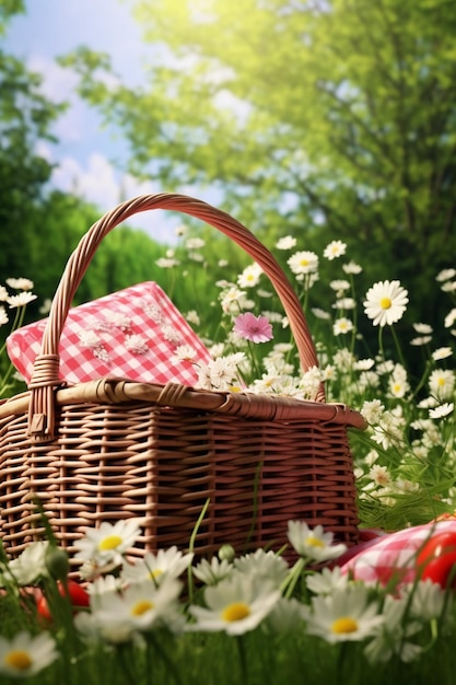 een minimalistische 3D picknick mand met een geruite doek en een paar lente bloemen