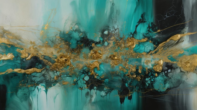 Een minimalistische abstracte textuur van Turquoise en Gold Paint Generative AI