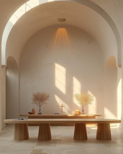 Een minimalistische afbeelding van een lichtstraal die op de communie tafel schijnt