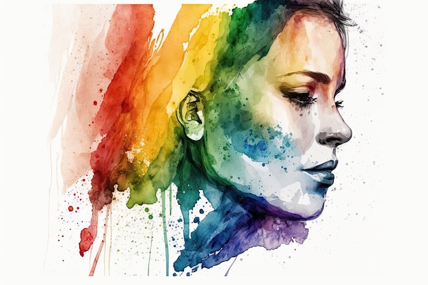 Een minimalistische aquarel van het blije gezicht van een blanke vrouw die zich identificeert als lesbienne met een regenboogvlag afgebeeld in een abstracte stijl Generatieve AI