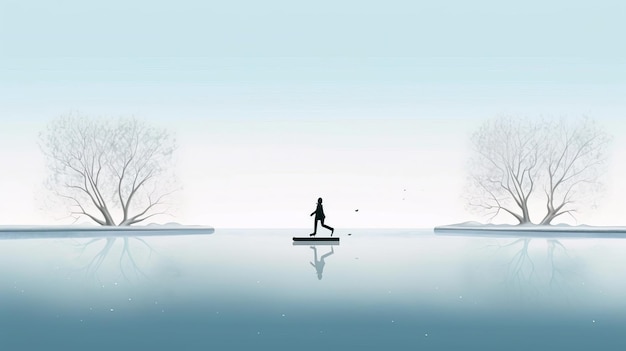 Een minimalistische bevroren vijver met schaatsen in de buurt. AI gegenereerd