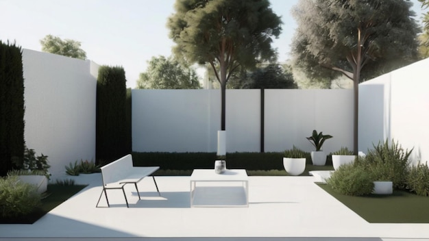 Een minimalistische buitenruimte met een minimalistische patio en een schone geometrische landschapsarchitectuur