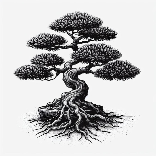 Een minimalistische en stijlvolle schets van een bonsai op een witte achtergrond