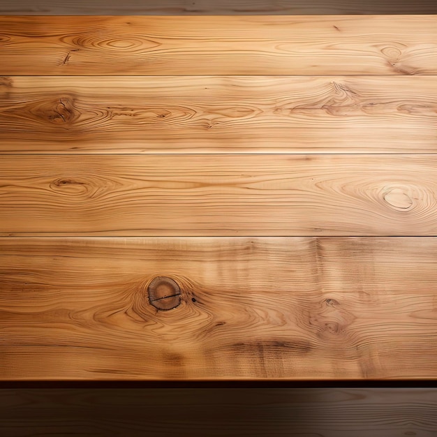 Een minimalistische foto in hoge resolutie van een lege houten tafel met een zachte warme verlichting