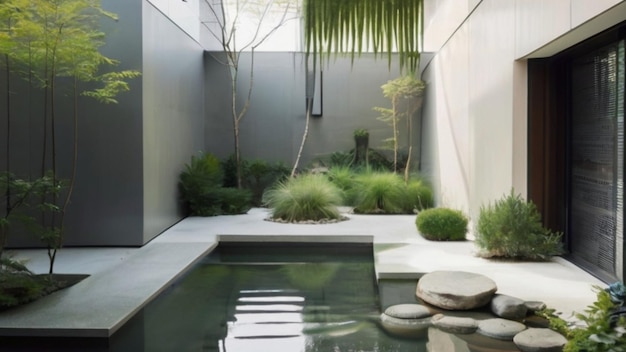 Een minimalistische hotel binnenplaats met een zen tuin en een waterfunctie die een vreedzame oase biedt