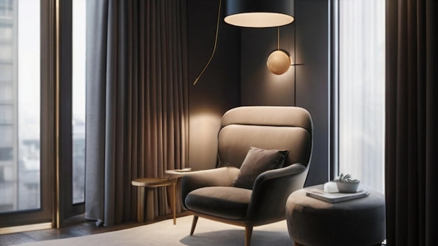 Een minimalistische hotelsuite met een gezellige leeshoek compleet met een pluche fauteuil en een vloerlamp