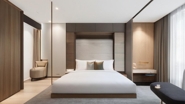 Een minimalistische hotelsuite met een ruime indeling en luxe voorzieningen