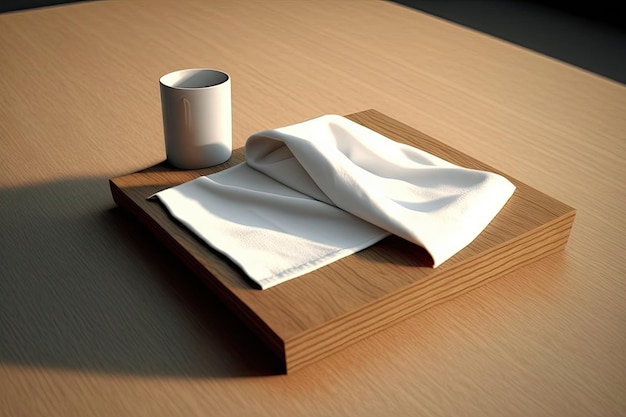 Een minimalistische houten tafel met een enkel servet erop en niets anders
