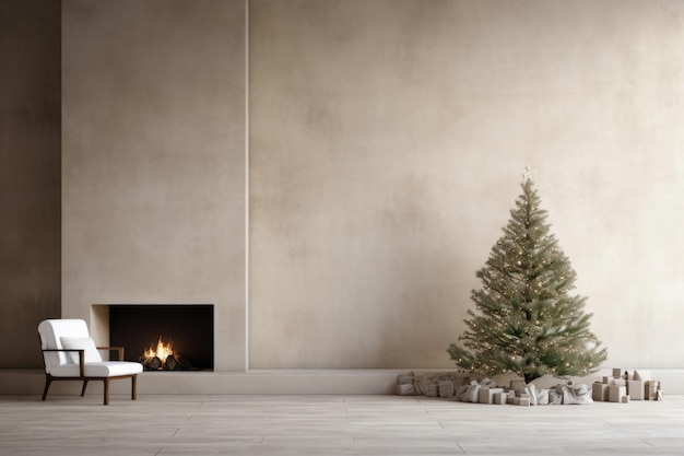 Een minimalistische kamer met een kerstboom bij de open haard in een lege ruimte