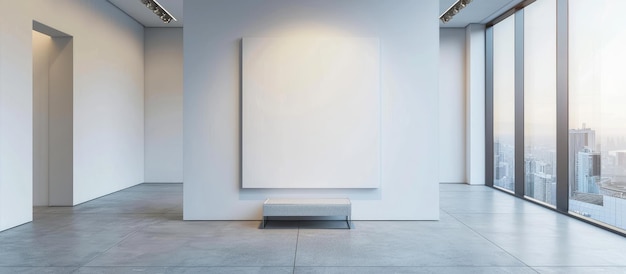 Een minimalistische kamer met een leeg wit kunstwerk gemonteerd op de muur in een frame