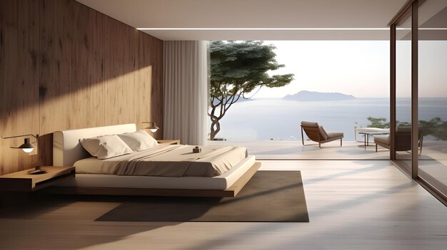 een minimalistische kamer met uitzicht op de zee in de stijl van beige zeer gedetailleerd