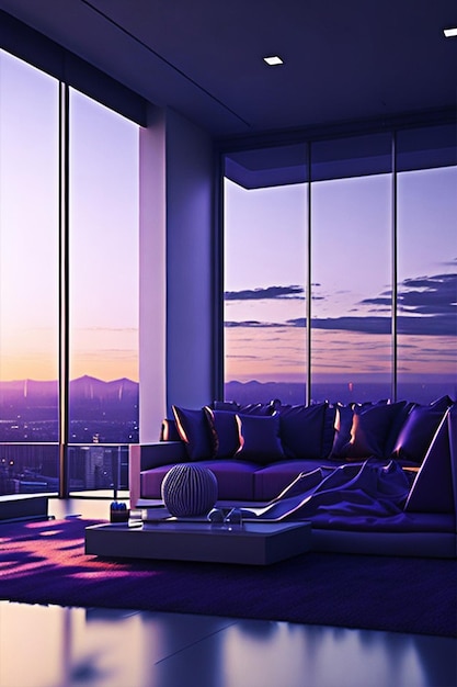 Een minimalistische kamer op de bovenste verdieping van een wolkenkrabber zonder dakwolken boven en in het panoramische raam