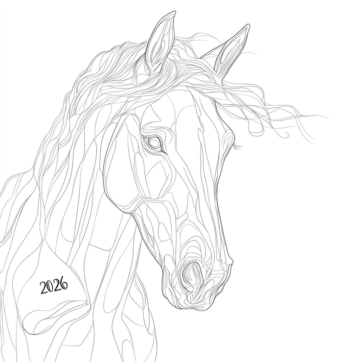 Foto een minimalistische lijnkunst tekening van een paard met 2026 subtiel geïntegreerd in zijn vloeiende manen