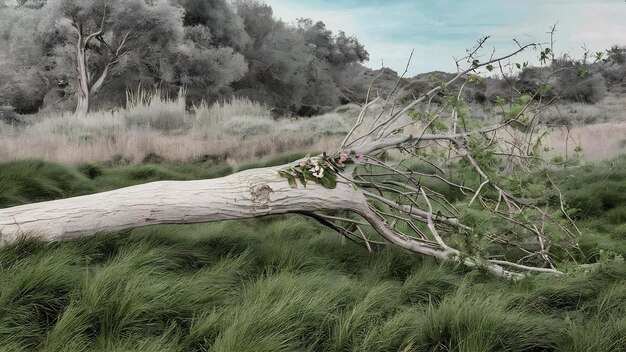 Een minimalistische scène van een omgehaalde boom met bloemen op een natuurlijke achtergrond