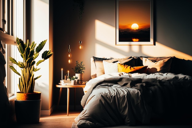 Een minimalistische slaapkamer met een neutraal kleurenpalet geaccentueerd door het zachte licht