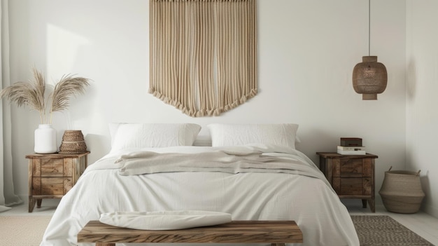 Een minimalistische slaapkamer met een schoon wit bedspread en slanke houten nachtkastjes met een