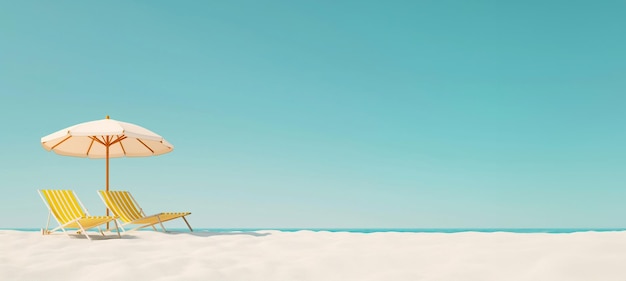 Foto een minimalistische strandbanner met twee gele zonnebanken en een ontspannende paraplu