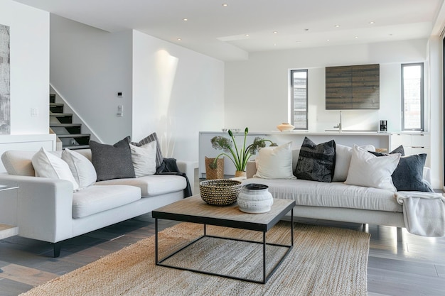 Een minimalistische woonkamer met een slanke bank en gestructureerde kussens aangevuld met een neutraal kleurenpalet en natuurlijk licht belichaamt modern comfort