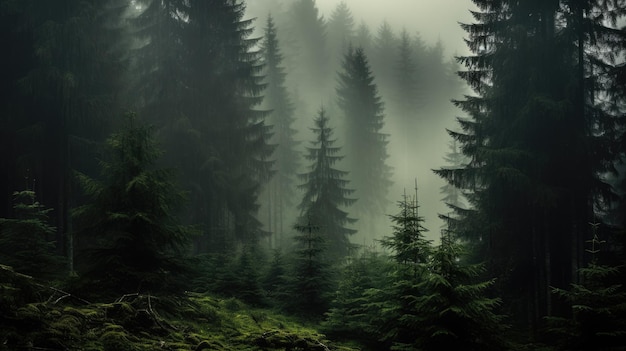 een mistig bos gevuld met veel bomen