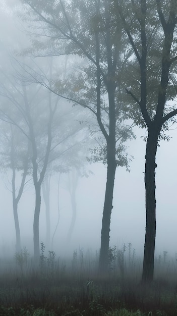 Een mistig bos met bomen die in de mist vervagen Kalmheid sfeerfoto's voor TikTok Instagr