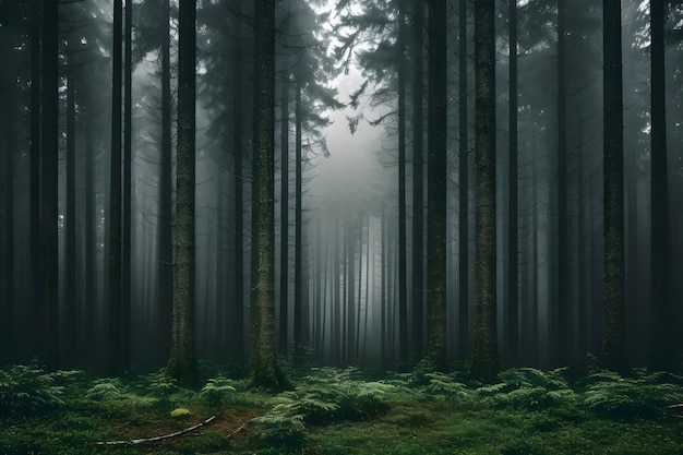 Een mistig bos vol hoge bomen