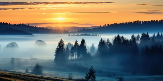 een mistig landschap met bomen en heuvels