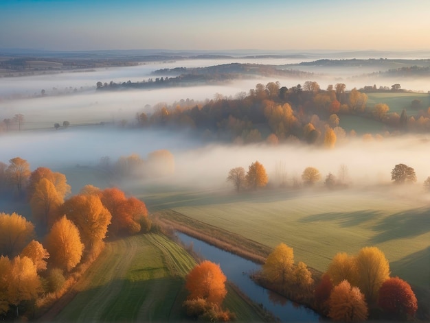 een mistig landschap met een rivier en bomen op de voorgrond