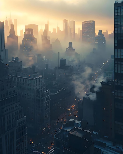 een mistig stadsbeeld met wolkenkrabbers in de verte