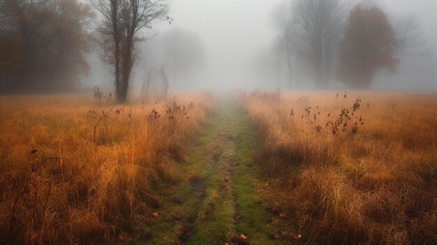 Een mistig tafereel met een pad dat leidt naar een veld met gras en bomen.