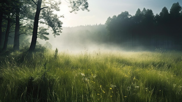 Een mistig veld met op de achtergrond een grasveld en een boom.