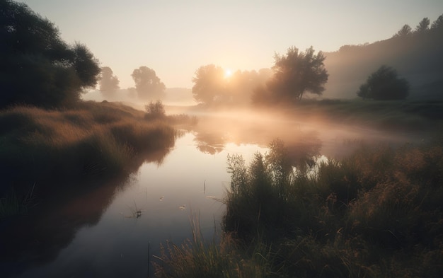 Een mistige ochtend aan de rivier