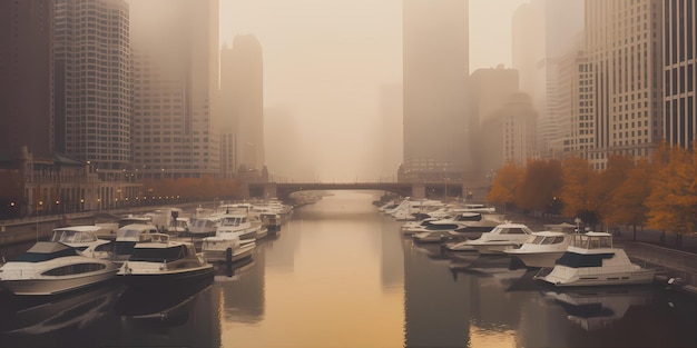 Een mistige ochtend in Chicago, de skyline van de stad gedeeltelijk verduisterd door mist de rivier Generative ai