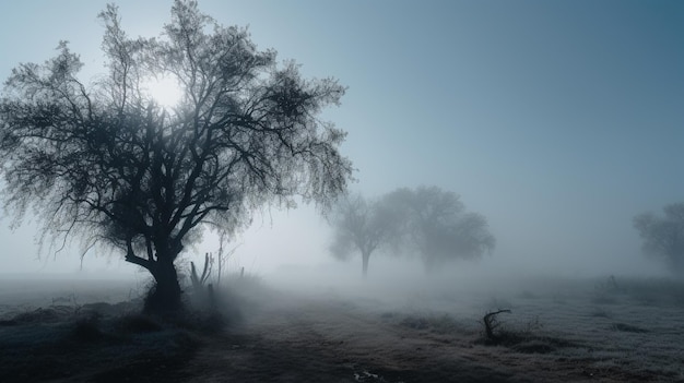 Een mistige ochtend met bomen op de voorgrond en de zon die door de mist schijnt.