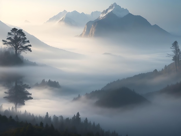 Een mistige ochtendscène met mist die over een rustig meer en bergen op de achtergrond rolt