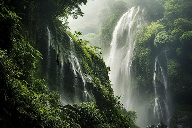 Een mistige waterval in een dicht regenwoud