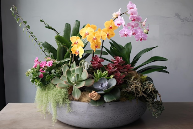 Een mix van vetplanten, cactussen en orchideeën die een betonnen pot vullen